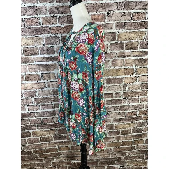 Umgee USA Womens Tunic Top Teal Floral 3/4 Sleeve Keyhole Neckline Size L‎ - Picture 2 of 9